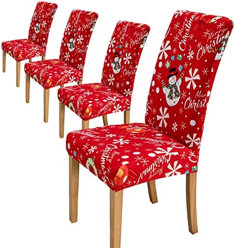 Comfy Gate 4, 6, 8 Pack Snowman and Snowflakes Chair Slipcovers for Dining Room, Christmas Cover for Dining Room Chair, Fitted Parson Chair Cover, Printed X'Mas Kitchen Chair Covers Set of 4, 6, 8