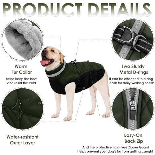 AOFITEE Wintermantel für große Hunde, Wasserdicht Hundemantel Hundejacke Mittelgroße Hunde mit Geschirr, Winddichter Winter Hunde Jacket mit Reißverschluss, Warme Outdoor Hundebekleidung, L Dunkelgrün