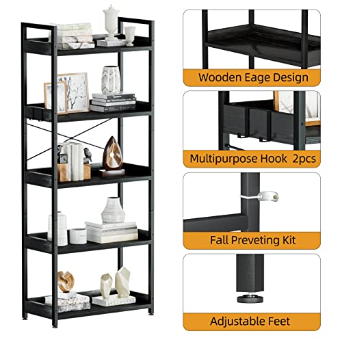 Appolyn 5 Tier Bookshelf With 2 Hooks, Tall Bookcase, Modern Book Shelves Organizer, Bookshelves For Bedroom, Living Room And Home Office, Black #TOP2