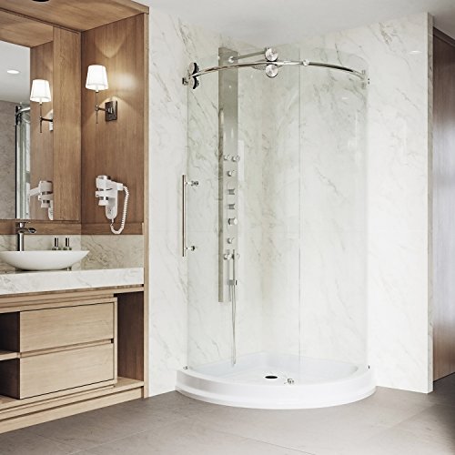 Vigo Vg6031Stcl36Wl 40.5" -40.5" W -79.5" H Frameless Sliding Round Shower Enclosure With Clear 0.31" Tempered Glass And Stainless Steel Hardware In Stainless Steel Finish With Left Handle And Base #TOP2