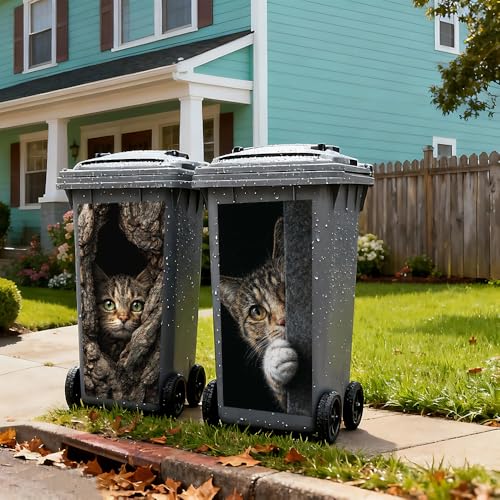 Image of 2 PC Trash Can Sticker 14.57 x 32.28 Inch Cat Peeking Tree Hollow Design Vinyl Sticker with Green Eye and Paw Pattern for Outdoor Garbage Bin Garden Yard Driveway Home Decor