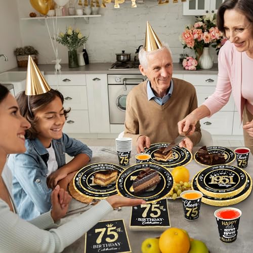 Image of 75th Birthday Decorations Black and Gold, Service for 30, Vintage 75th Birthday Party Supplies Includes Black Vintage 1951 Plates, Napkins, Cups, Plates and Napkins for Men Women