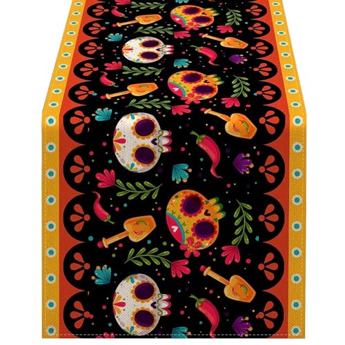 Camino de mesa de Halloween, diseño de calavera de México, Día de los Muertos, de lino, decoración navideña para mesa de comedor