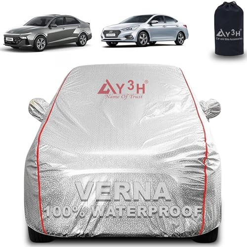 Image of 100% Waterproof Car Cover Compatible with Hyundai Verna New | All Weather, Dust Proof, UV Protective with Mirror Pocket (Silver Magic)