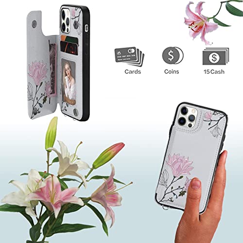 Flyee Crossbody Wallet Case Compatible With Iphone 13 Pro,Flowers Case With Card Holder For Women And Girls,Lanyard And Flip Stand,Exclusive Copyright Floral Design-Grey Flower #TOP5