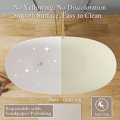 Artstone 55 Inch Stone Resin Freestanding Bathtub, Thin Edge Classic Oval Shaped Solid Surface Bathroom Freestanding Tubs, Overflow And Pop-Up Drain Included, White #TOP3