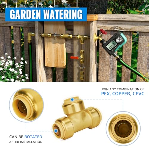 Image of SUNGATOR 12-Pack 3 /4 Inch Tee, Push-to-Connect Plumbing Fittings, Brass | for Pex Pipe, Copper, CPVC, PE-RT, with 1 Disconnect Clip