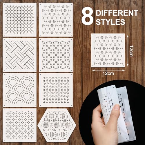 Miniatura 2 de Zernblend 8 Piezas De Plantilla Sashiko, 4.7 X 4.7 Pulgadas Plantillas De Plástico Para Patrones Geométricos, Acolchado A Mano, Costura Y Diseño Textil, Plantilla De Letras, Plantillas De Relieve