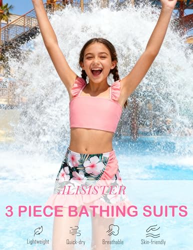 Image of ALISISTER Girls Swimsuit 3 Piece Bathing Suits Summer Bikini Tankini Sets with Cover Up Skirt for 4-12 Years
