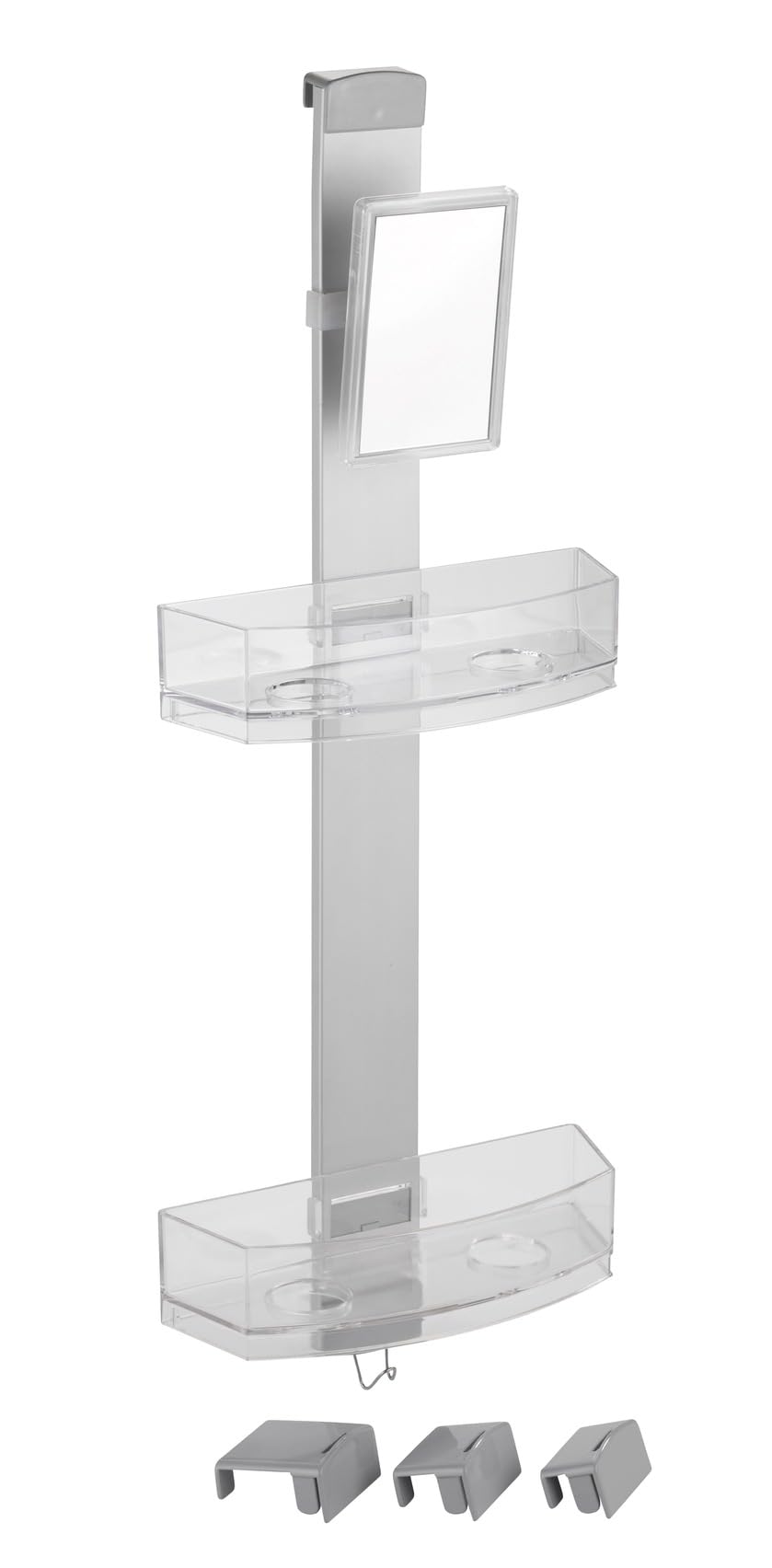WENKO Duschcaddy Premium, Duschregal mit Antibeschlagspiegel, 2 Ablagen & Edelstahlhaken, einfaches Aufhängen an der Duschwand, Befestigung ohne bohren, aus Aluminium und Kunststoff, 25 x 71 x 10,5 cm