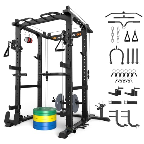 Sportsroyals Power Cage 1600lbs Power Rack with Adjustable Cable Crossover, Multi-Function Squat Rack with Pulley System and Training Attachments for