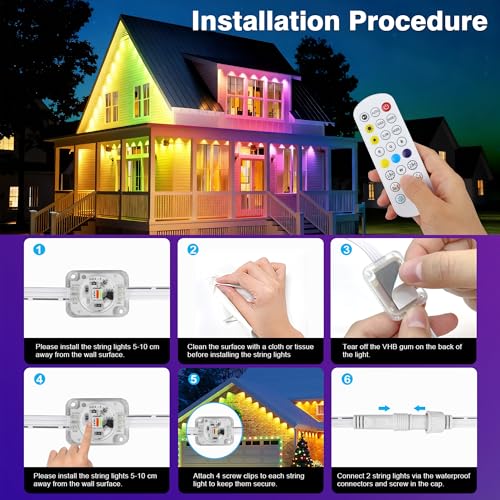Image of 247FT WiFi Compatible Outdoor Lights, Permanent RGB 90LEDs IP67 Waterproof, App and Remote Control Color Changing Eave Lights for Holiday, Christmas, Party, Garden Decor