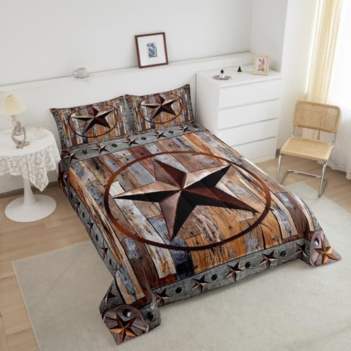 Image of Western Texas Star Comforter Rustic Wood Grain Comforter Set for Boys Girls Children Rustic Farmhouse Bedding Set Vintage Style Duvet Set Room Decor Quilt Set Queen Size