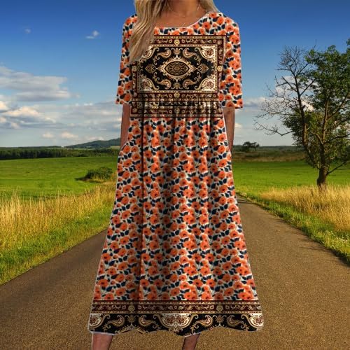 Boho Dress for Women Floral Print Short Sleeve Crewneck Plus Size High Waist Smocked Flowy Swing Ruffle Dress - Image 2