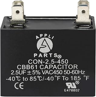 Appli Parts Fan Capacitor 2.5 mfd (microfarads) uf 450 VAC 4 Terminal Connections compatible with any brand within the same range of capacitance 1-1/2in Width 3/4in Depth 1-1/2in Height CAP-2.5-450