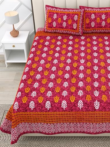Image of RajasthaniKart 100% Cotton 180 TC King Size BEDSHEET with 2 Pillow Cover - 90X108 (Suitable for King Size Bed Sheet or Double Bed, Red Booty Jaipuri, 5302)