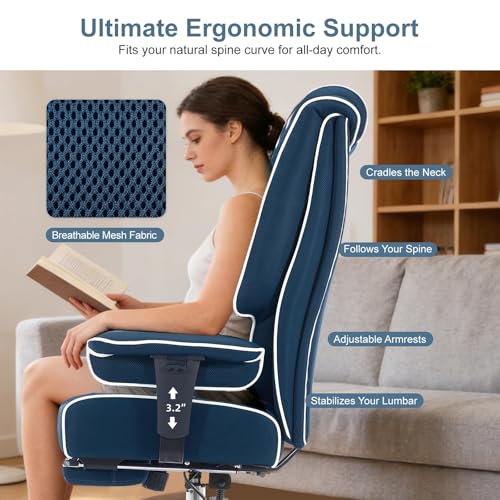 Image of EXCEBET Big and Tall Office Chair 400lbs Wide Seat, Leather High Back Executive Office Chair with Lumbar Support, Ergonomic Chairs Padded Armrests & Thick Cushion (Mesh Blue)
