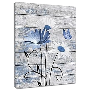 HVEST Farmhouse Floral Wall Art for Living Room, Blue and White Daisy Flower and Butterfly on Rustic Wood Board Canvas Wall Art Framed Artwork Ready to Hang for Bathroom Bedroom Decor, 16L X 12W HVEST Farmhouse Floral Wall Art for Living Room Blue and White Daisy Flower and Butterfly on Rustic Wood Board Canvas Wall Art Framed Artwork Ready to Hang for Bathroom Bedroom Decor 16L X 12W