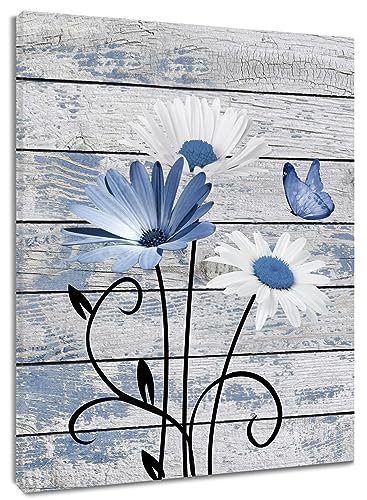 HVEST-Farmhouse-Floral-Wall-Art-for-Living-Room-Blue-and-White-Daisy-Flower-and-Butterfly-on-Rustic-Wood-Board-Canvas-Wall-Art-Framed-Artwork-Ready-to-Hang-for-Bathroom-Bedroom-Decor-16L-X-12W HVEST Farmhouse Floral Wall Art for Living Room Blue and White Daisy Flower and Butterfly on Rustic Wood Board Canvas Wall Art Framed Artwork Ready to Hang for Bathroom Bedroom Decor 16L X 12W