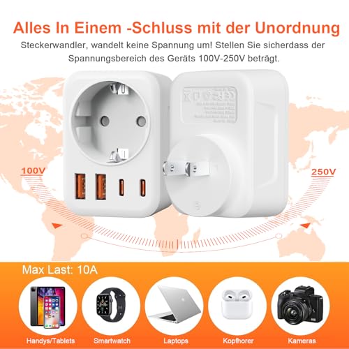 Denlane Adapter Japan, 5 in 1 Reiseadapter China mit 1 AC & 2 USB-C & 2 USB-A (17W), 2-Polig Typ A Stecker für USA, Kanada, China, Japan,Thailand, Mexiko, die Philippinen - Reisestecker Typ A