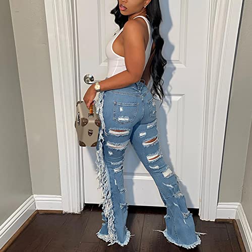 HGps8w Women's Skinny Tassel Jeans High Waisted Ripped Destroyed Denim Pants Cut Out Fringe Flare Jeans Trousers3