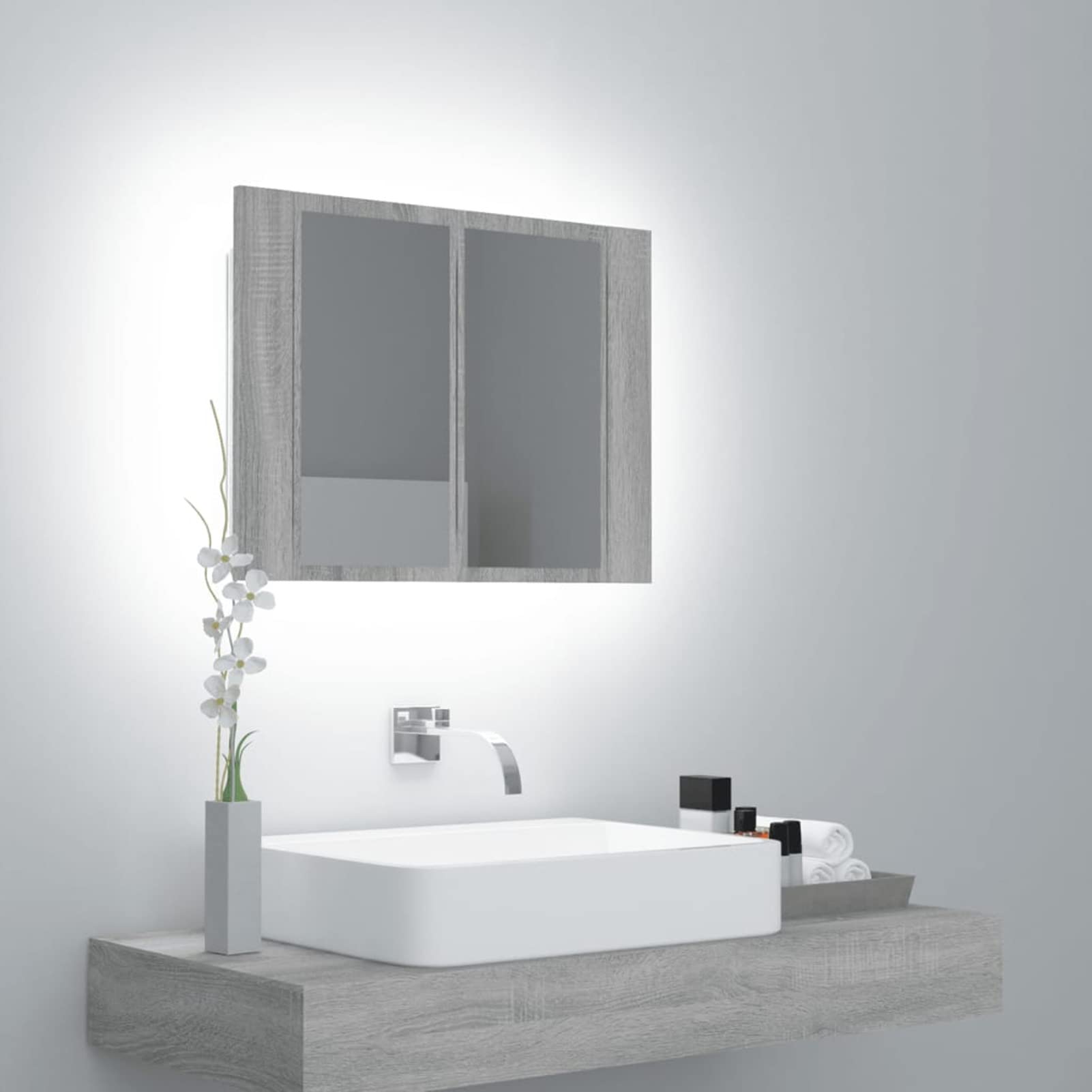 Gecheer Armario Espejo de Baño con Luz LED Armario de Baño para Colgar Mueble de Baño Suspendido con 2 Estantes Armario Colgante de Pared Acrílico Gris Sonoma 60x12x45 cm