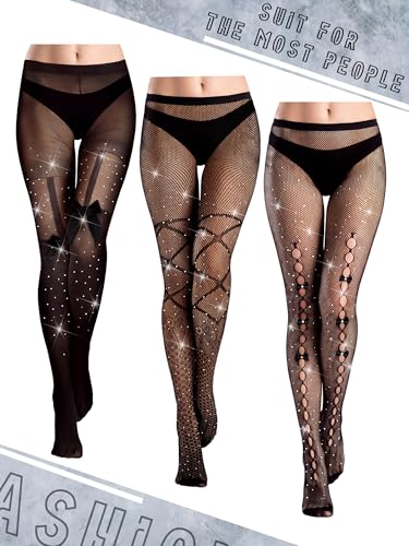 Image of Bencailor 3 Pairs Rhinestone Women Fishnet Stocking Tight Legging Stocking Small Hole Pattern Black High Pantyhose Waist Lace