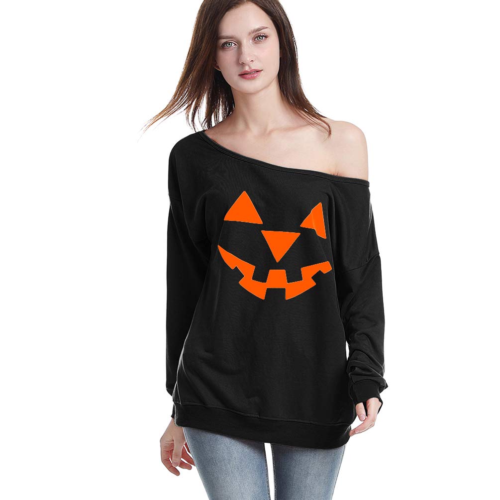 Rysly Womens Sexy Off the Shoulder Halloween Pumpkin Sweatshirts Pullover Costumes Plus Size