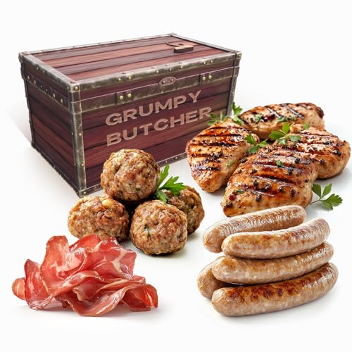 Image of Grumpy Butcher Variety Grill Meats Gift Box, 4.5 lb - Premium Duroc Pork Bacon, Grilled Chicken Breasts, Artisan Beef & Pork Meatballs, Chicken Sausages - Frozen Gourmet BBQ & Food Gift Set