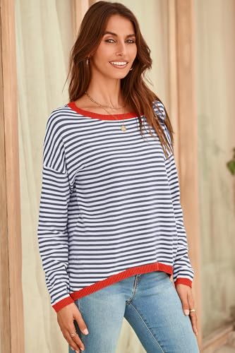 Sherosa Womens Long Sleeve Striped Sweaters 2024 Trendy Crewneck Color Block Shirts High Low Fall Tops Fashion Outfits3