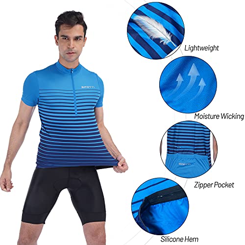 Spotti Men's Cycling Bike Jersey Short Sleeve with 3 Rear Pockets- Moisture Wicking, Breathable, Quick Dry Biking Shirt Blue Stripe - Thumbnail 4