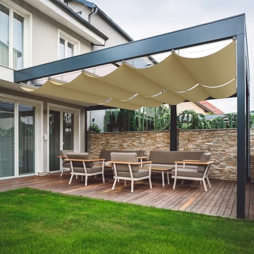OOTONAT 4' X 12' Retractable Sun Shade Canopy, Pergola Sliding Cover high-Density Polyethylene Fabric, Wave Shade sail for Patio Garden Backyard Deck Trellis, Beige