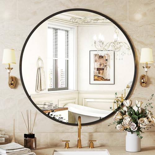 Sweetcrispy Black Round Wall Mirror 24 Inch, Bathroom Mirrors for