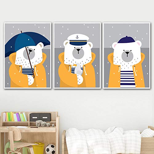 SHINERING Marine Bear Rain Umbrella Nursery Art Prints Affiches et Posters Nordiques Mur Art Toile Peinture Mur Photos Bébé Chambre Room Decor No Frame