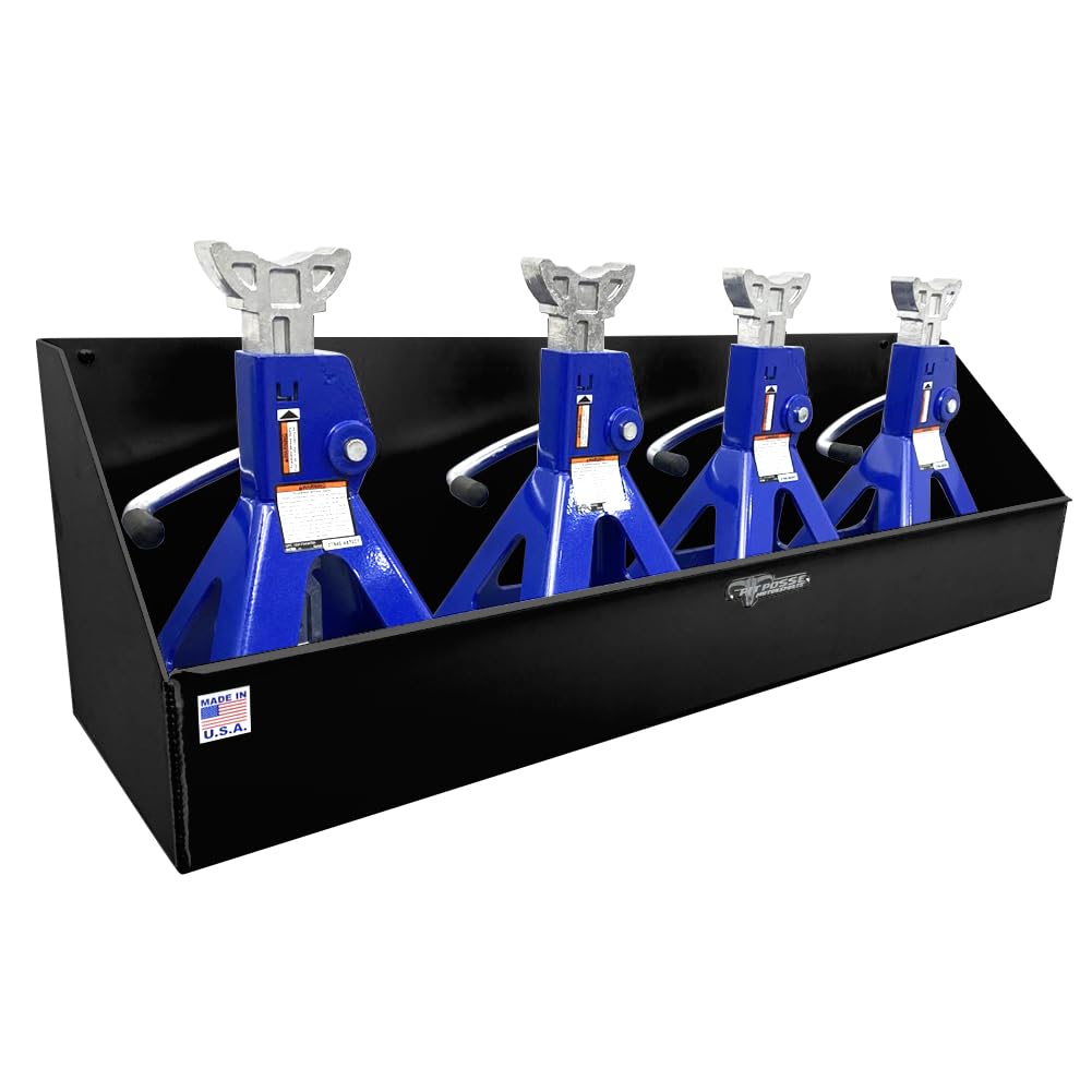Pit Posse 449BK Jack Stand Rack Holder Shelf for Trailer Garage - Made in USA - Aluminum Storage Enclosed Race Car Trailer Garage Shop Accessory Organizer Holds up to 4 Jack Stands 34 x 9 x 10