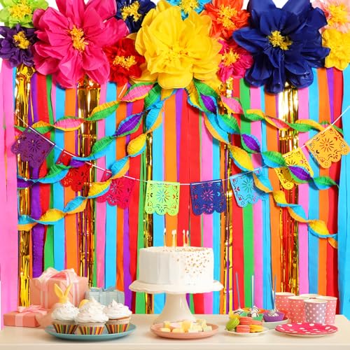 Image of TaoBary 28 Pcs Mexican Party Decorations Set Mexican Paper Flowers Fiesta Ruffled Streamer Backdrop Papel Picado Banner Mexico Party Decorations for Cinco De Mayo Decor(Multicolored,Fresh)