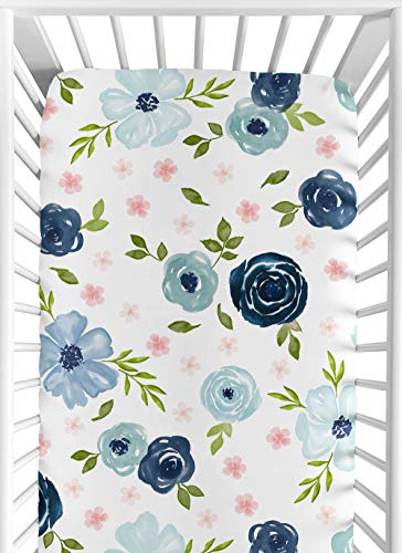 Image of Sweet Jojo Designs Navy Blue and Pink Watercolor Floral Girl Fitted Crib Sheet Baby or Toddler Bed Nursery - Blush, Green and White Shabby Chic Rose Flower