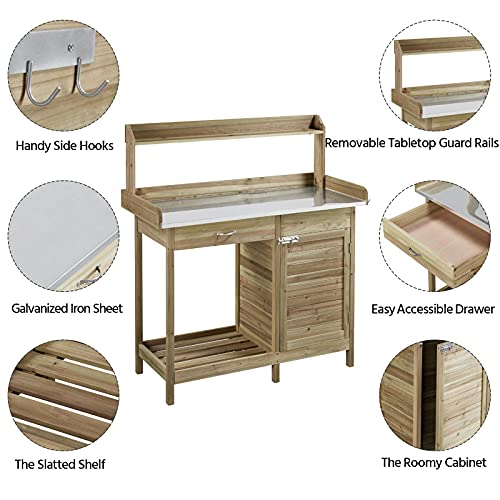 Image of Yaheetech Potting Bench Outdoor Potting Table with Storage,Light Green | Outdoor potting bench with spacious metal tabletop keeps soil and water contained while providing a durable work surface for