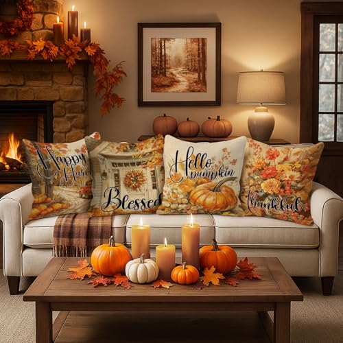 Image of Benjia Fall 14x14 Throw Pillow Covers Set of 4, Watercolor Pumpkin hut car Decorative Holiday Pillow Case 14 x 14 Autumn Cushion Covers Thanksgiving Pillowcase for Indoor Home Bedroom Sofa Decor