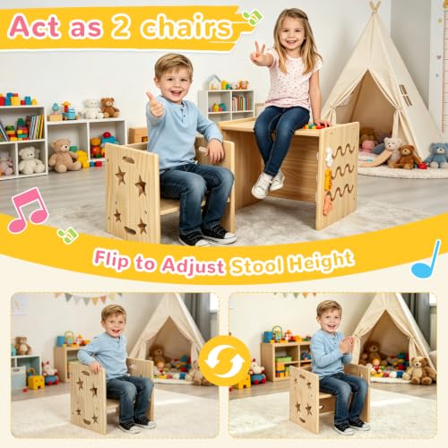 Image of Montessori Weaning Table and Chair Set for Toddlers Age 1-3, Multi-Sensory | Flip Stool to Adjust Height,Blackboard, Animal Matching Maze, Xylophone, Natural Wood,CPC Certification, for Dining, Painting