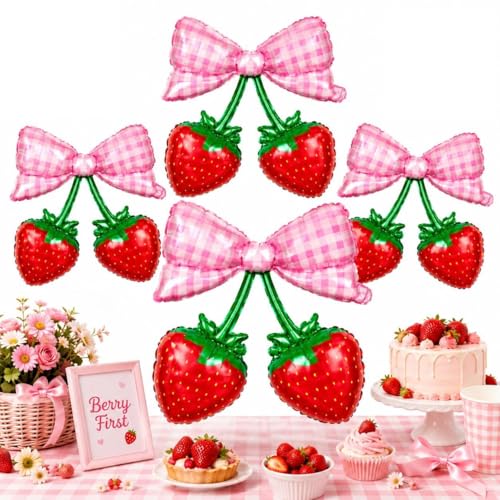 4PCS Berry First Strawberry Balloons with Pink Bow 18 Inch Strawberry Foil Balloons for Girl Strawberry Birthday Party Berry First Birthday Decorations Baby Shower Pink Coquette Party Decor