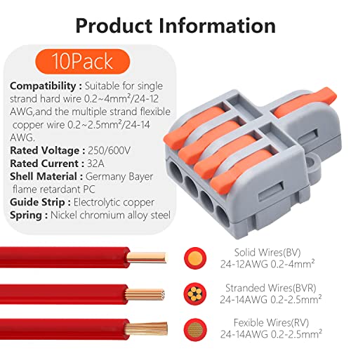 Xalxmaw 10Pcs Lever Wire Connectors, 1 In 4 Out Diy Mini Quick Terminal Block Compact Splice Electrical Connectors, 24-12 Awg #TOP5