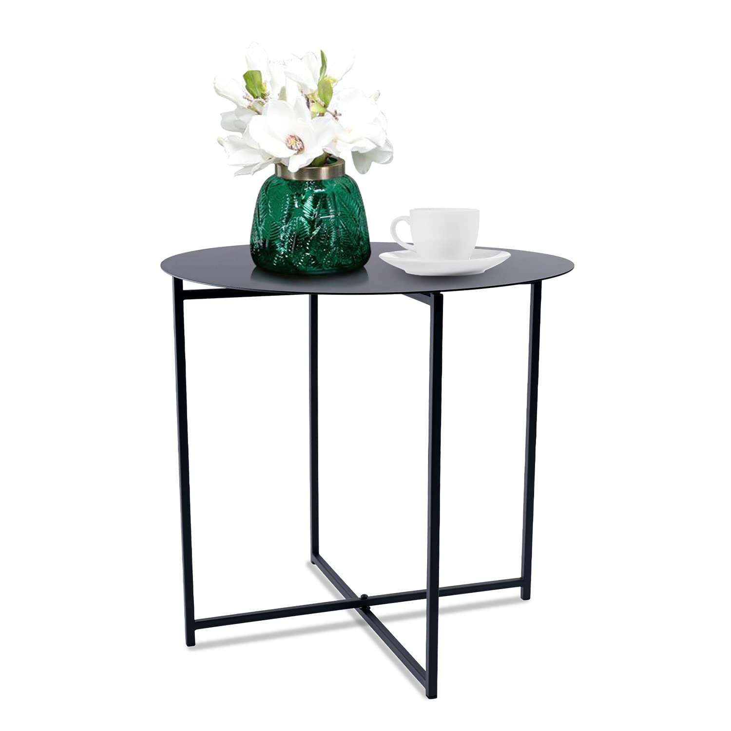Donosura Black Round Side Table Folding Metal End Table Small Outdoor