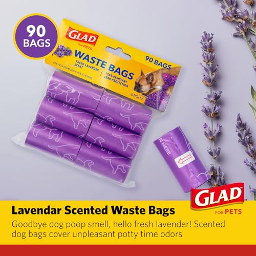 Image of Glad for Pets Scented Dog Waste Bags, Tear-Resistant Pet Poop Pick-up Bags with Leak Protection, Fresh Lavender Scent, Fun Purple Bag Designs, 6 Rolls, 90 Bags Total