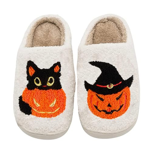 JINLONYU Halloween Pumpkin Slippers for Women Men Cat Pumpkin Lantern Slipper Warm Cozy Plush Fluffy Indoor Outdoor House Slippers, 43-44