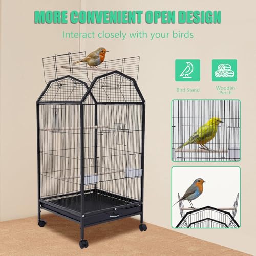 40 Inch Wrought Iron Bird Cage with Rolling Stand Metal 360 Degree View Spacious Interactive Roof Durable and Rustproof for Parrots Finches Lovebirds Budgie Canaries Macaw