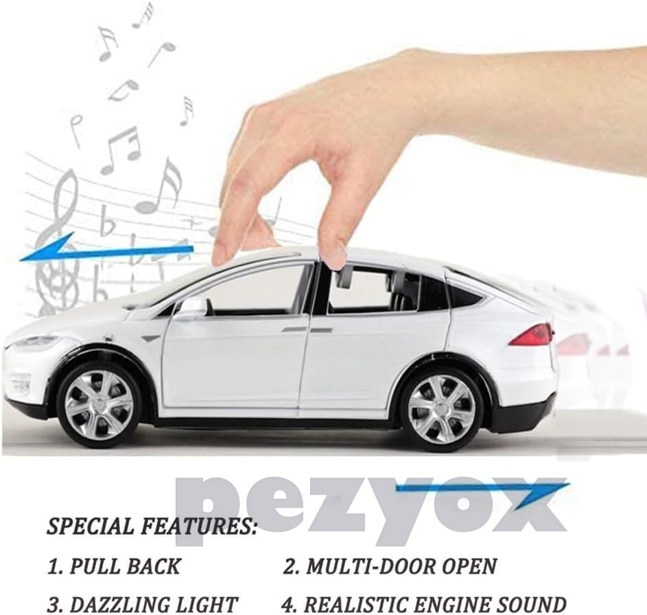 Image of 1:32 Scale Car Tesla Model X90 Alloy 1 /32 Diecast Model Car w /Sound & Light Pull Back Model Mini Vehicles Toys for Kids (White)