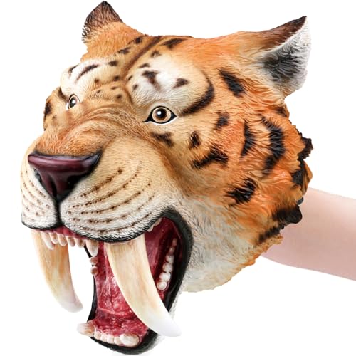 Gemini&Genius Saber-Toothed Tiger Hand Puppet, Saber-Toothed Wild Animal Puppets Toys, Soft Rubber- Realistic Action Figure Toys- Role Play, Storytelling and Play Games for Kids-Yellow