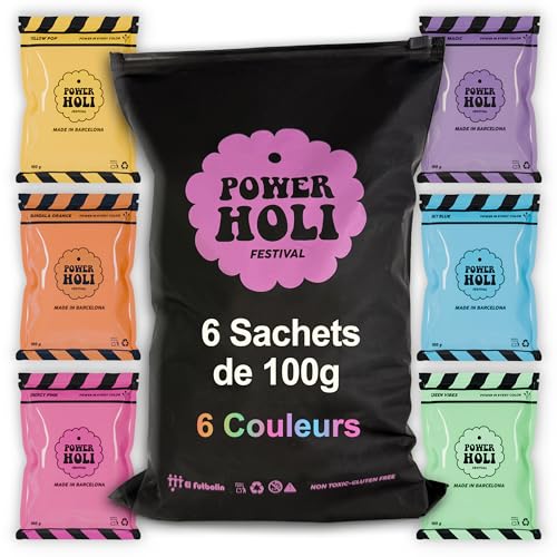 POWER HOLI FESTIVAL-Poudre de Couleurs Holi Party | 6 Sachets Ouverture Facile de 100g | 6 Couleurs | Spécial Fêtes et Festivals | Photographie | Non Toxique...