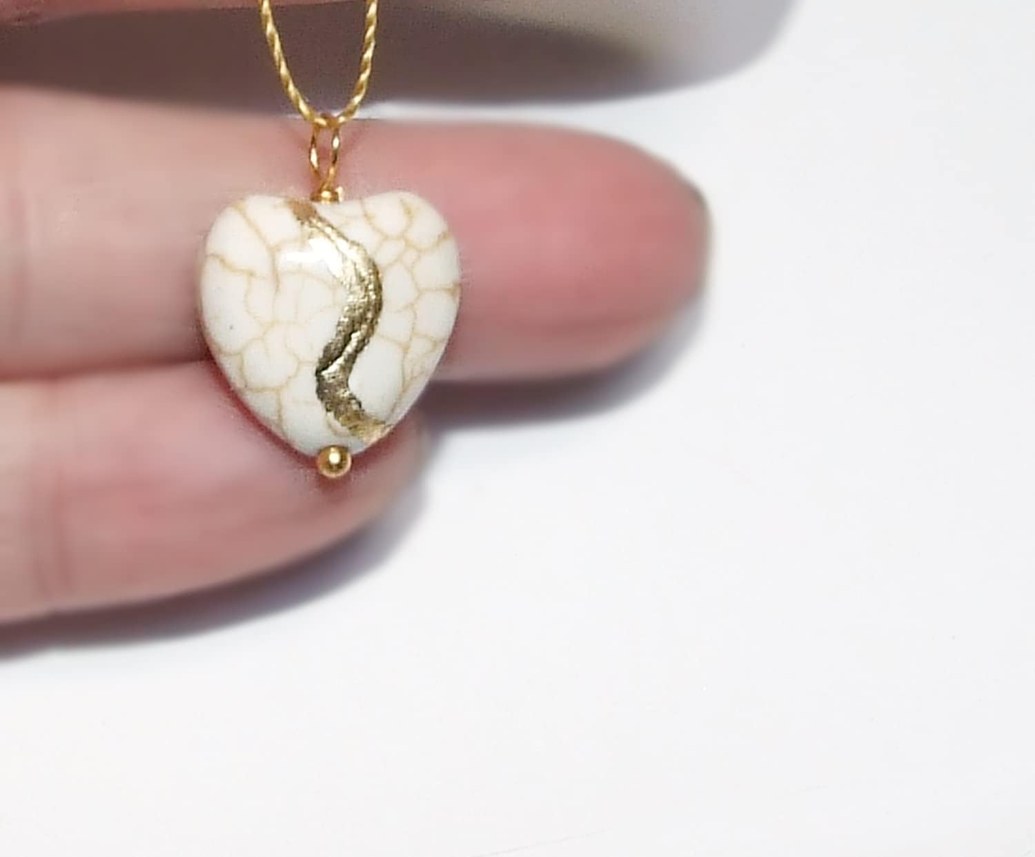 Petite Kintsugi 5/8" White Howlite Broken Heart Mended with 23k Y Gold, Cord Necklace